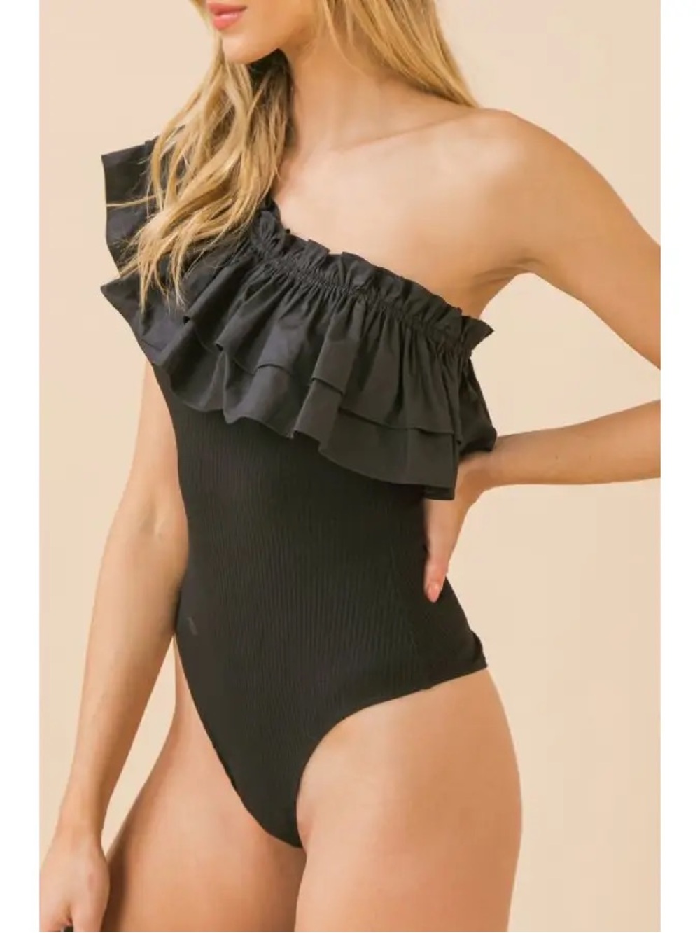 Black One-Shoulder Ruffle One-Piece